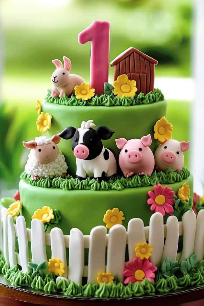 A two-tier green cake decorated with farm-themed fondant figurines, including a rabbit, sheep, cow, and two pigs. It features yellow and pink flowers and a white picket fence design. A number "1" topper indicates a first birthday celebration.