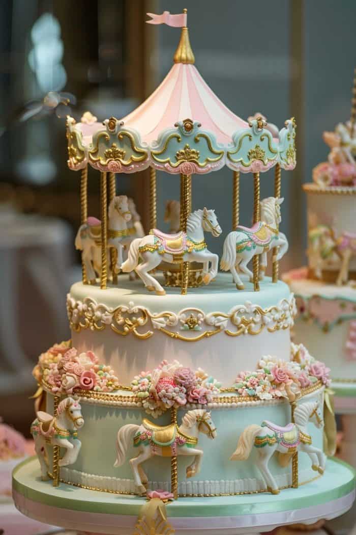 A beautifully decorated carousel-themed cake with detailed icing horses, pastel colors, and intricate designs. The cake features pink and gold accents, floral patterns, and a miniature carousel on top.