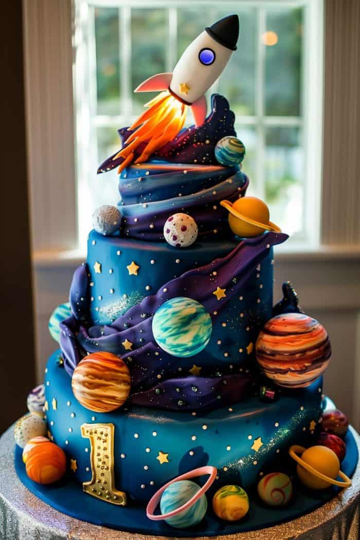 A three-tiered space-themed cake decorated with planets, stars, and a rocket ship on top. The cake features a "1" in gold at the base, indicating a first birthday celebration. The window in the background allows natural light to illuminate the cake.