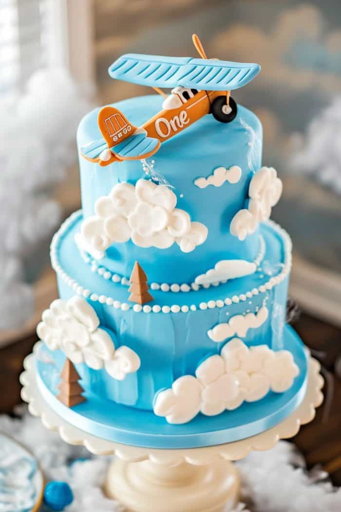 A two-tiered blue cake decorated with white clouds and a miniature orange airplane on top. The cake sits on a white stand, and the airplane has "One" written on the side. Small white beads and trees add additional detail.