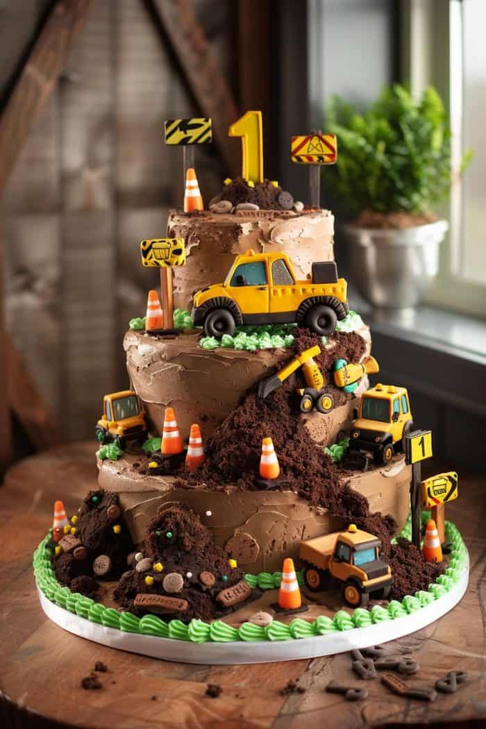 A three-tiered chocolate cake decorated for a construction-themed birthday. It features toy trucks, road signs, chocolate soil, and a large number "1" on top. The cake is adorned with traffic cones and tools, sitting on a wooden table.