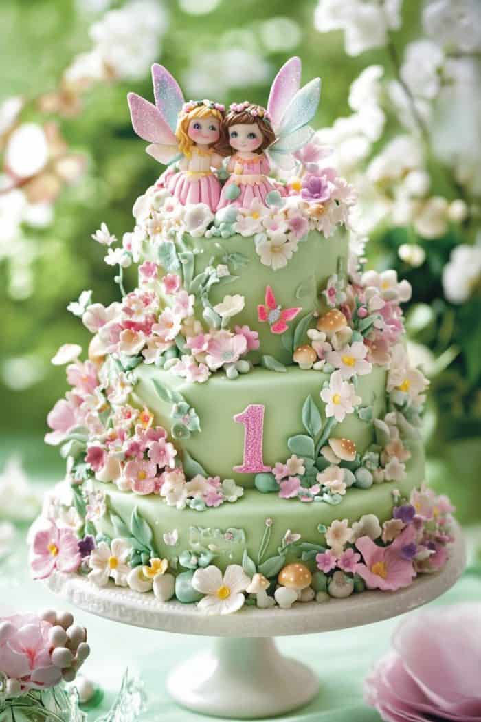 A whimsical two-tier green cake adorned with flowers and butterflies, topped with two fairy figurines and a large number "1." The cake is surrounded by a lush garden setting.