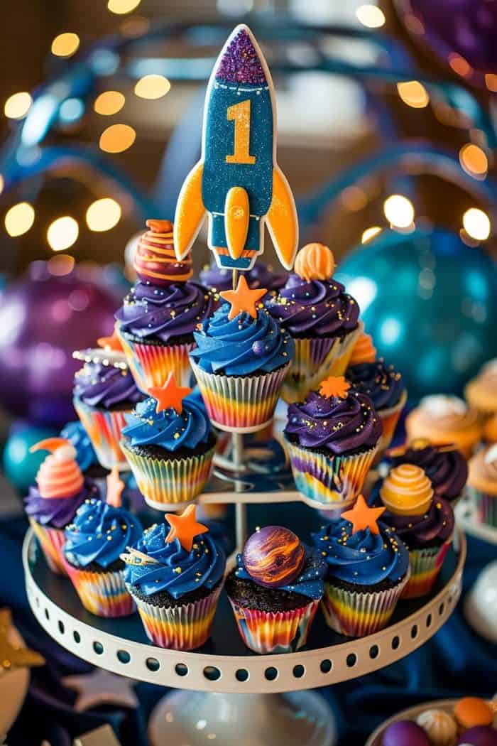 A tiered stand holds colorful galaxy-themed cupcakes decorated with blue and purple swirls, orange stars, and tiny sprinkles. A large rocket with the number "1" tops the display. Twinkling lights and balloons are in the background.