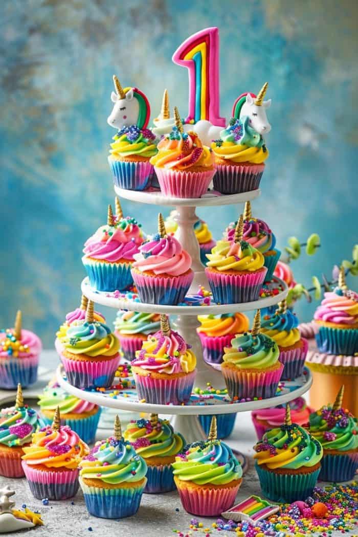 A tiered stand holds colorful cupcakes with swirled rainbow frosting and unicorn toppers. A large candle shaped like the number one is at the top. Sprinkles and more cupcakes are scattered around against a blue background.