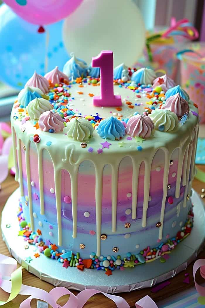 A colorful first birthday cake with pastel ombre frosting, white chocolate drips, and a pink "1" candle on top. The cake is decorated with multicolored sprinkles and swirls of frosting, surrounded by party ribbons.
