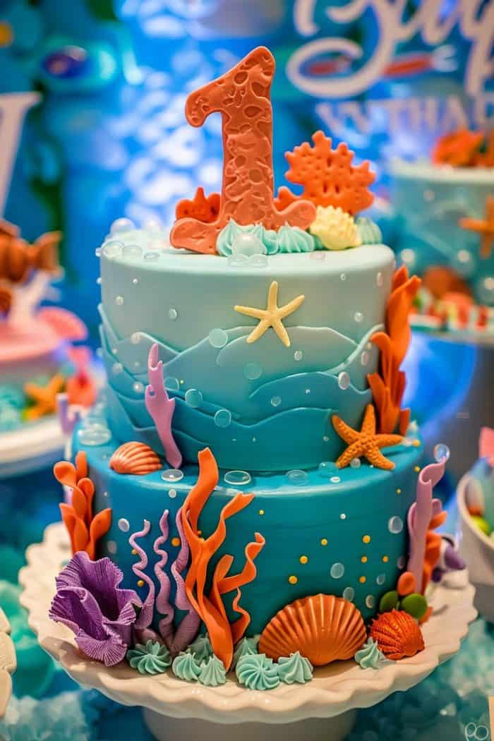 A two-tiered cake with ocean-themed decorations, featuring corals, starfish, and seashells. A large, textured number "1" tops the cake, suggesting a first birthday celebration. The colors are predominantly blue and orange.