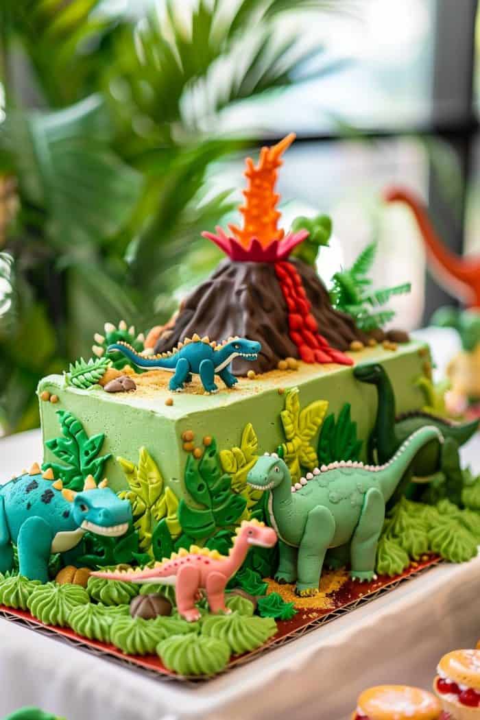 A colorful rectangular cake with a dinosaur theme. It features a volcano on top with erupting lava, surrounded by various dinosaur figures and green foliage decorations, set against a tropical background.