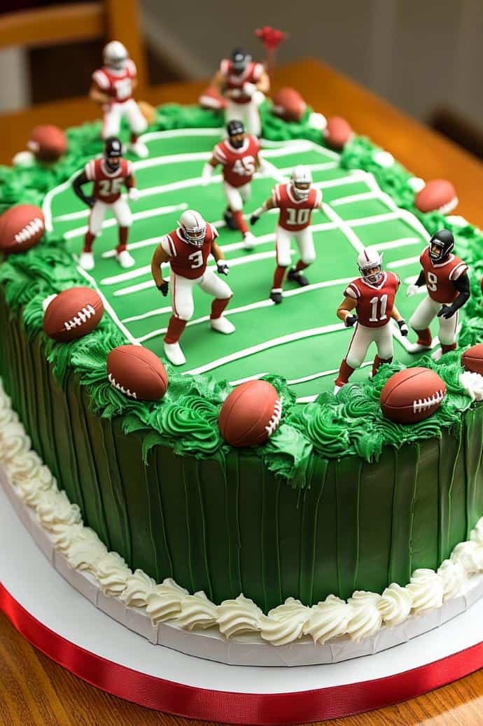 A football-themed cake with a green field design on top. Seven small player figurines in red jerseys are arranged on the field. Football decorations surround the cake edges, and white and green icing borders the base.