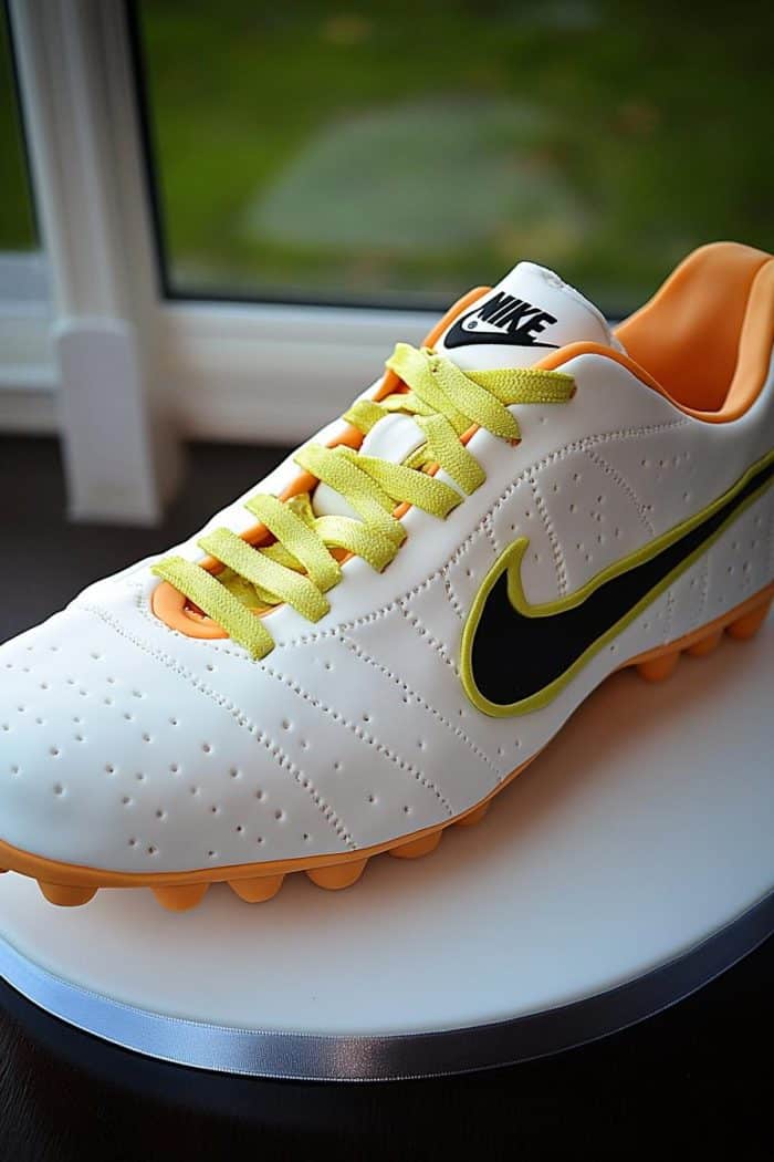 A white soccer cleat with a black Nike swoosh, yellow laces, and orange details sits on a white circular stand. The shoe's textured surface features small perforations. In the background, a window shows a blurry green outdoor scene.
