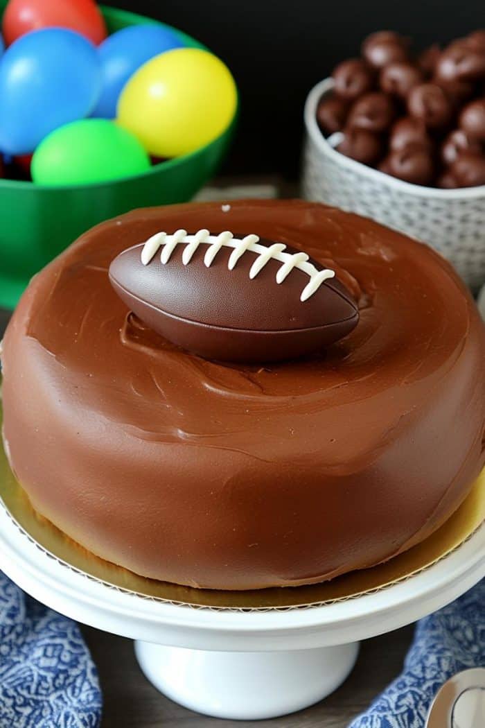 A chocolate cake topped with a football-shaped chocolate decoration. In the background, there are colorful plastic eggs in a green bowl and a gray bowl filled with chocolate balls. A blue and white patterned cloth is partly visible.