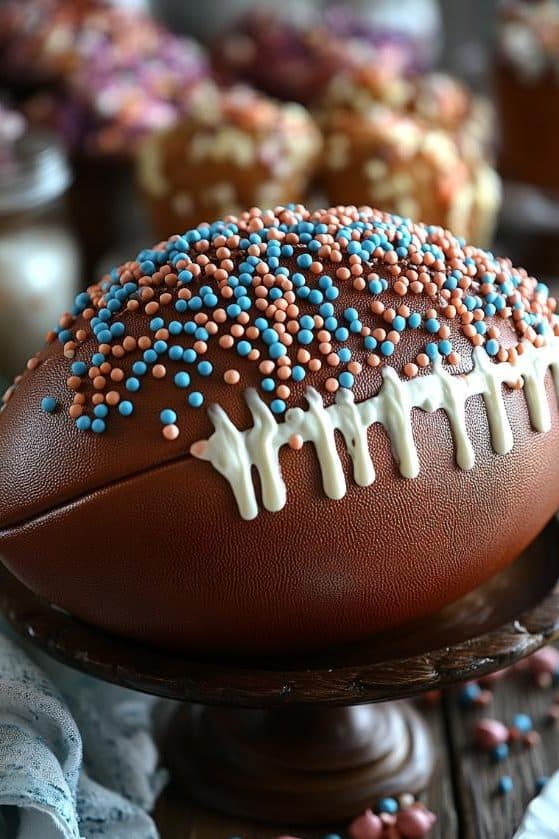 A football-shaped cake decorated with colored sprinkles and white icing laces sits on a wooden stand. In the background, blurred cupcakes with similar decorations are visible. A white cloth is draped nearby on the wooden surface.