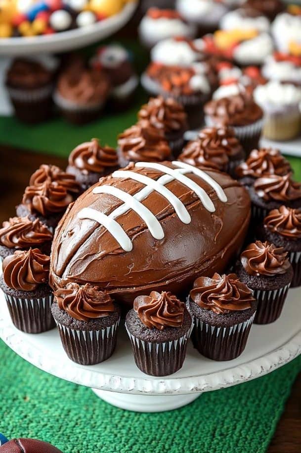 A football-shaped chocolate cake with white icing laces is surrounded by chocolate cupcakes with chocolate frosting, displayed on a white platter. In the background, more colorful desserts are visible on a green tablecloth.