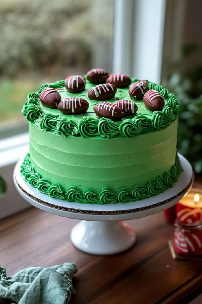 A round cake with green frosting, decorated on top with chocolate football-shaped fudge pieces with white laces. The cake is displayed on a white cake stand near a window.