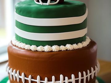 A two-tiered cake decorated with a football theme. The top tier is green with a white football helmet topper, while the bottom tier is brown with white lace stitching resembling a football, placed on a green cake board.