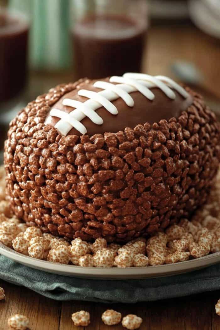 A football-shaped cake covered with chocolate Rice Krispies sits on a plate. The cake features white frosting laces and is surrounded by more rice cereal. Two glasses are blurred in the background on a wooden table.