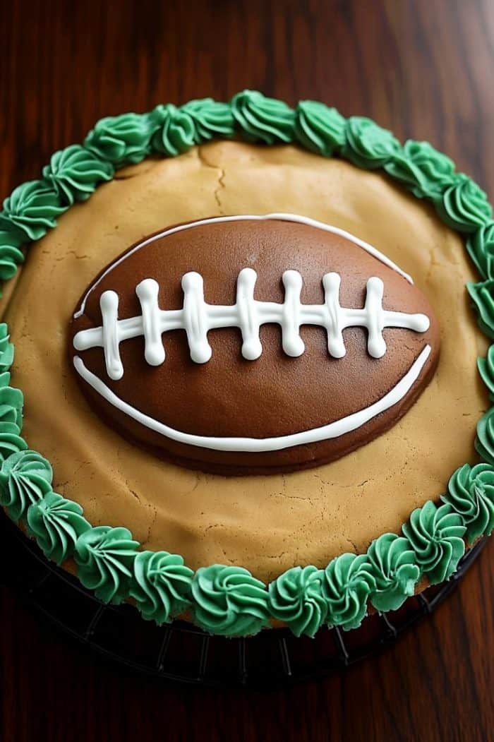 A football-shaped chocolate decoration with white icing laces sits in the center of a cookie cake bordered with green icing swirls. It is placed on a wooden surface.