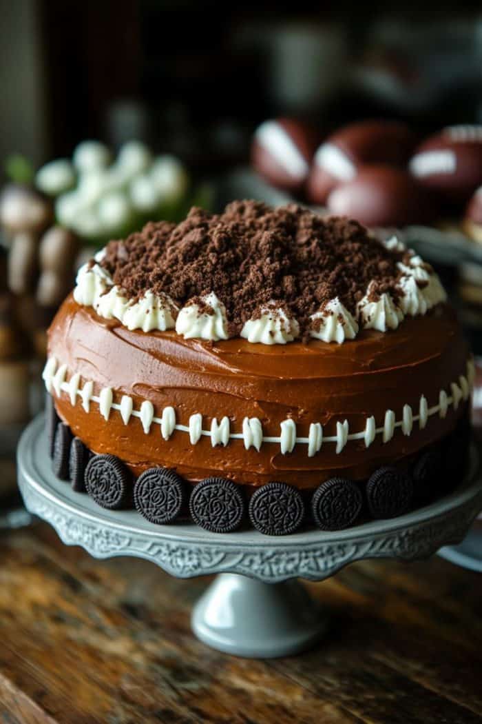 A round chocolate cake decorated to resemble a football, with chocolate frosting, white icing laces, and Oreo accents on the sides, sits on a pedestal stand. The top is covered with crumbled Oreos.