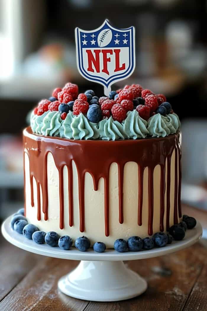A layered cake topped with red raspberries and blueberries with blue frosting. Chocolate ganache drips down the sides. An NFL logo topper is on the cake. Blueberries decorate the white cake stand.
