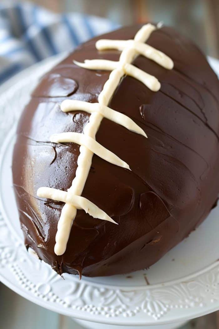A chocolate cake shaped like a football, topped with smooth chocolate frosting and decorated with white icing laces, sits on a decorative white plate.