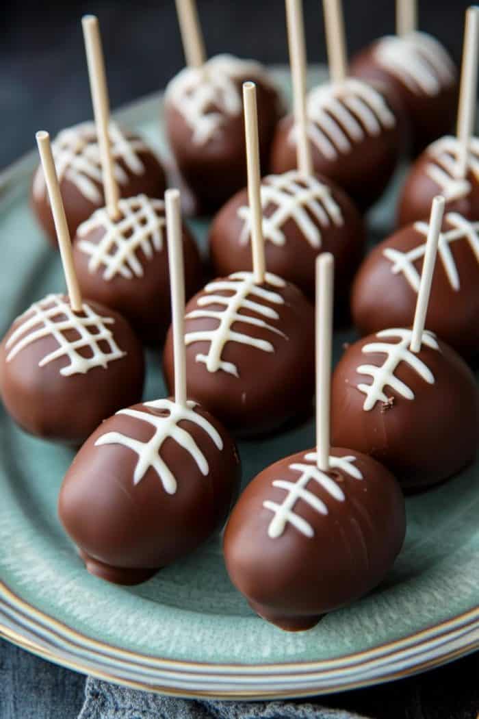 A green plate holds several chocolate cake pops decorated to resemble footballs, with white icing for the laces, each on a stick.