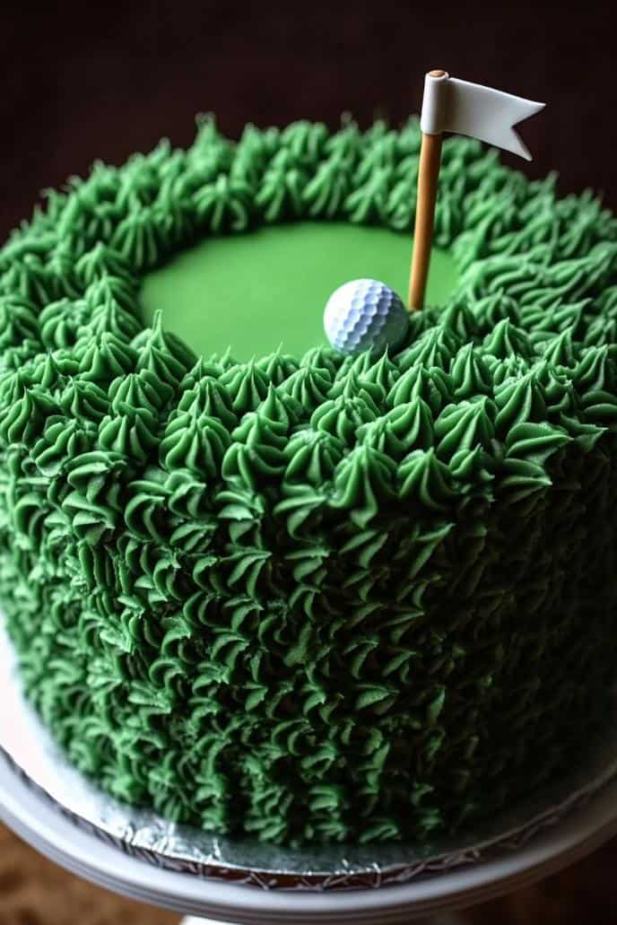A round cake decorated to resemble a golf course, featuring green frosting textured like grass, a small white golf ball, and a flagpole with a white flag on top.