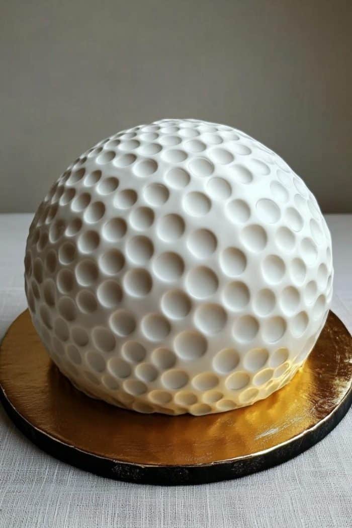 A spherical cake designed to resemble a golf ball, featuring a textured surface with dimples. The cake sits on a round golden base against a simple backdrop.