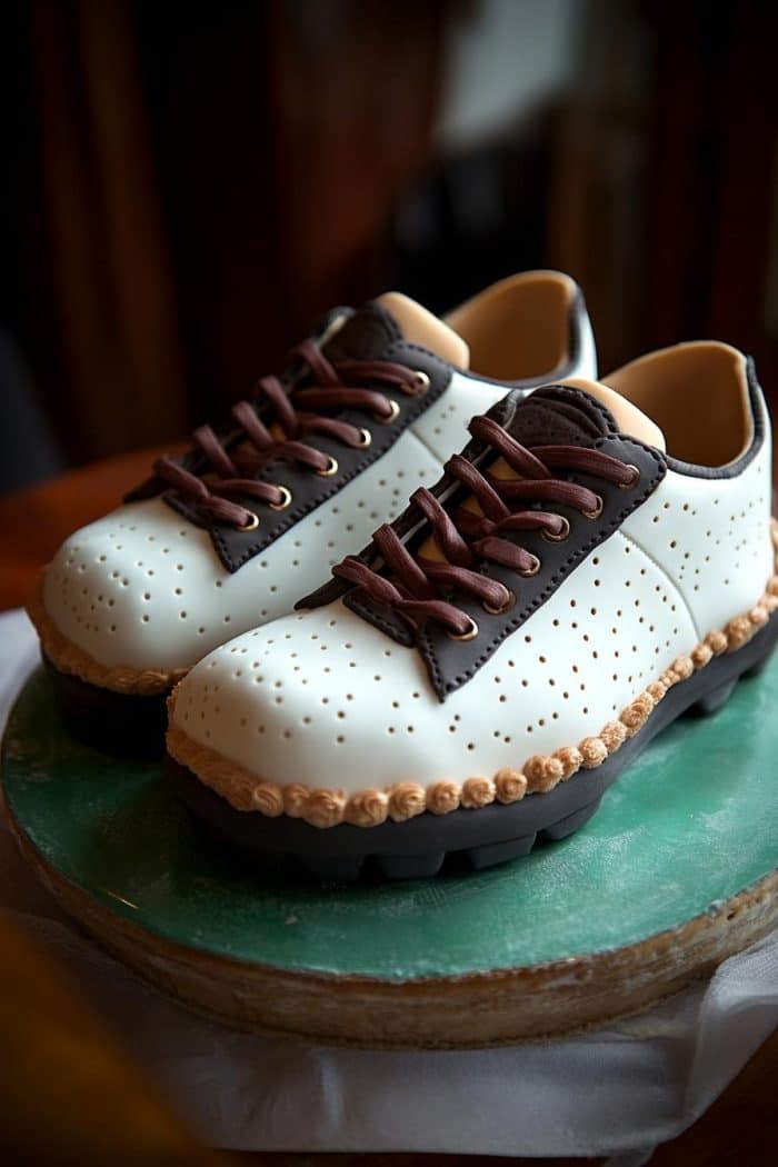 A cake sculpted to resemble golf shoes, featuring white fondant with chocolate laces and detailing. The shoes rest on a circular, green surface.