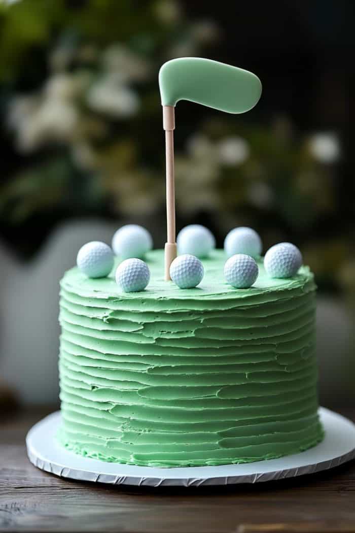 A green frosted cake decorated with small white spheres resembling golf balls. A golf club topper stands in the center. The cake sits on a white cake board, with a blurred green and white floral background.