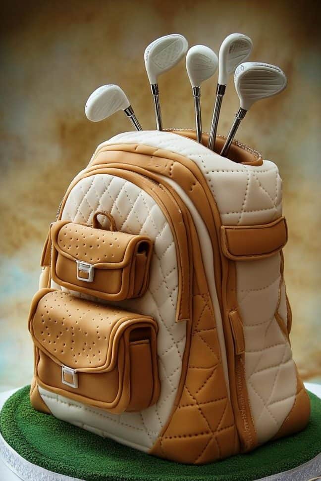 A realistic cake designed to look like a detailed brown and beige golf bag with golf clubs sticking out, placed on a green base resembling grass.