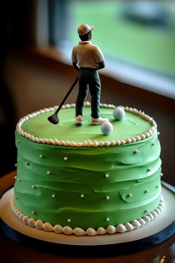 A cake decorated with green icing to resemble a golf course. It features a figure of a golfer holding a club, standing on top, with two golf balls nearby. White icing trims the bottom edge.