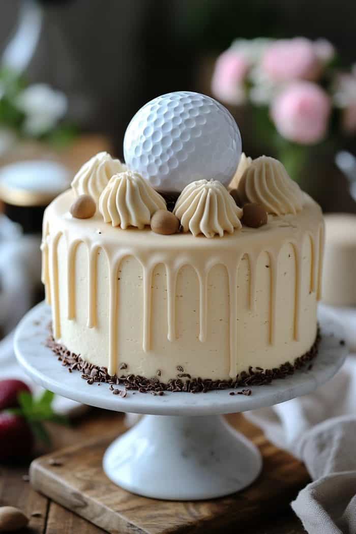 A beautifully decorated cake with smooth white frosting, topped with a large golf ball decoration and dollops of cream. Chocolate shavings line the base, and small round chocolates are scattered on top. The cake sits on a marble stand.