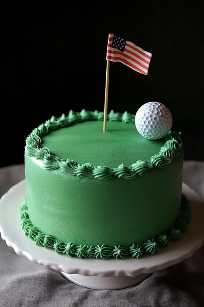 A round cake with green frosting resembles a golf course. It is topped with a small American flag and a white golf ball, decorated with piped green frosting around the edges, and sits on a white cake stand.