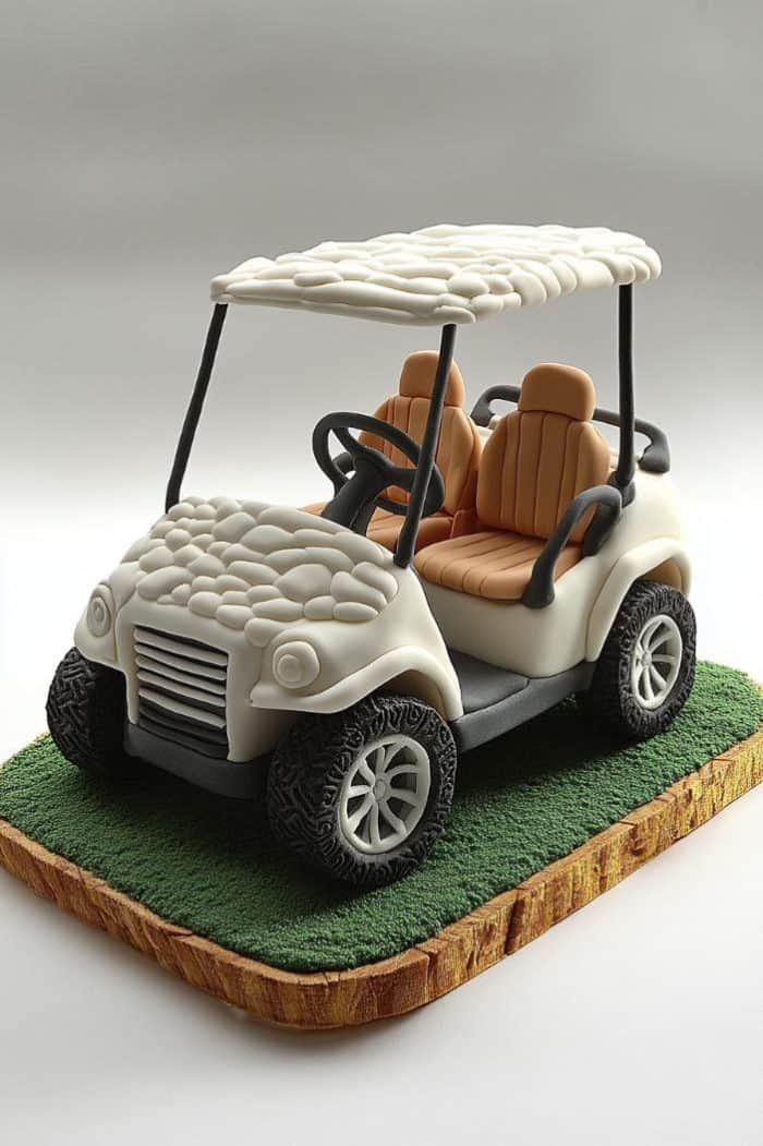 A golf cart cake with realistic detailing, featuring a white fondant body and beige seats, is displayed on a green textured base resembling grass. The cake mimics a real golf cart with a puffy top and realistic wheels.
