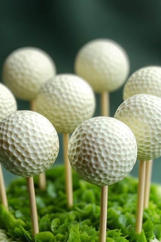White cake pops resembling golf balls are placed on sticks. The base is adorned with green and white icing arranged to mimic grass and flowers.