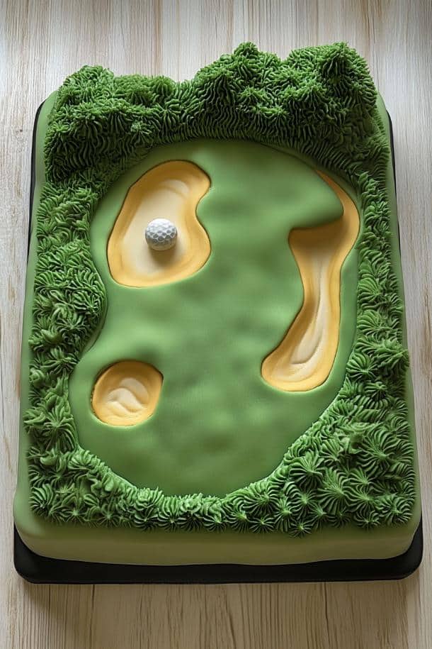 A rectangular cake designed as a golf course with green icing representing grass and sand-colored patches as bunkers. A golf ball sits on the green.