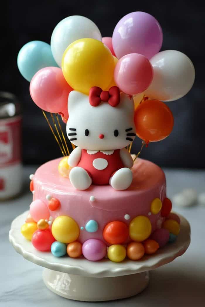Pink cake with edible balloons and a Hello Kitty topper with a red bow. 