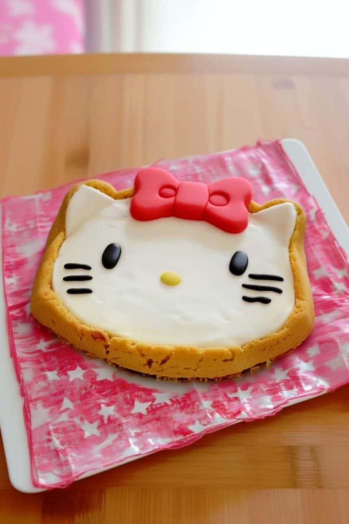A cookie cake shaped like a Hello Kitty with a white face, red bow, and black eyes and whiskers sits on a pink star-patterned napkin on a wooden table.