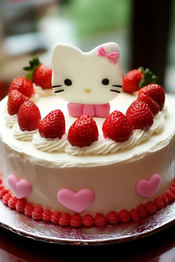 A cute cake decorated with fresh strawberries and a decorative Hello Kitty face on top. The cake is frosted with white icing, and pink hearts adorn the sides. Red piping borders the base.