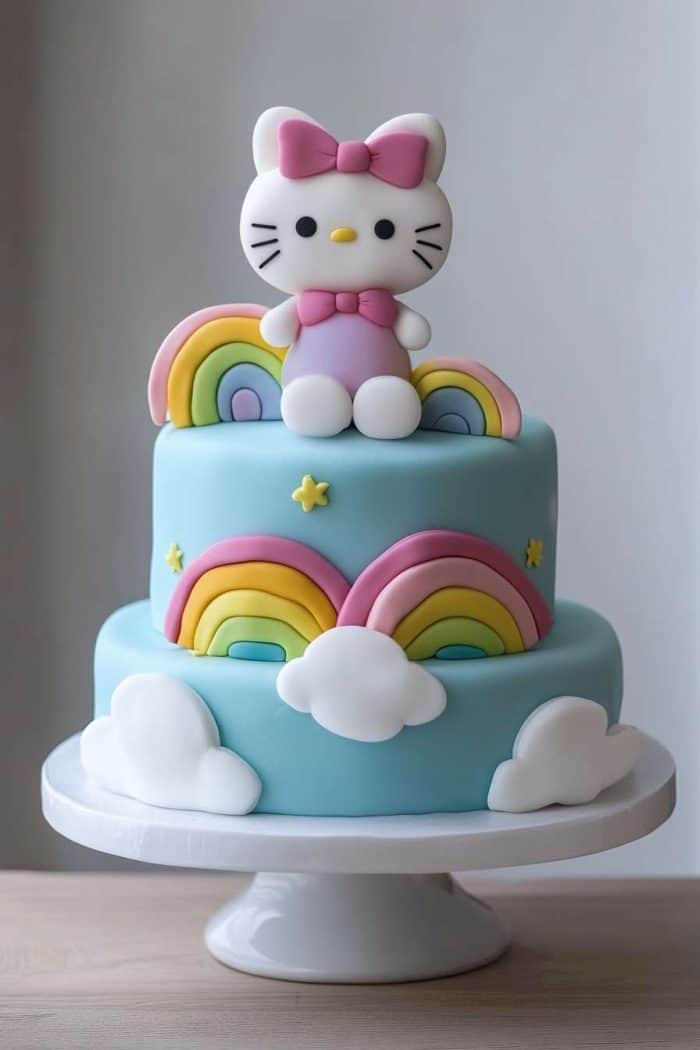 A two-tier cake featuring a cat-like character with a pink bow on top. The cake is decorated with colorful rainbows, stars, and clouds on a light blue background, all placed on a white cake stand.