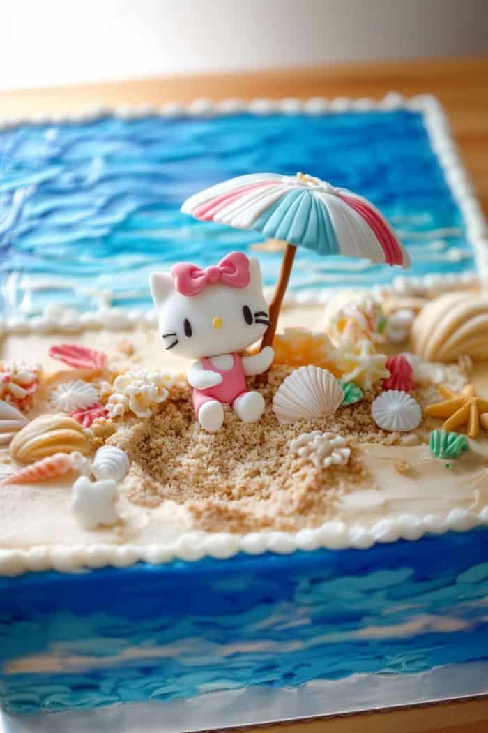 A cake with beach-themed decorations, featuring a Hello Kitty figure under an umbrella, surrounded by edible sand, colorful seashells, and a blue ocean-like frosting background.