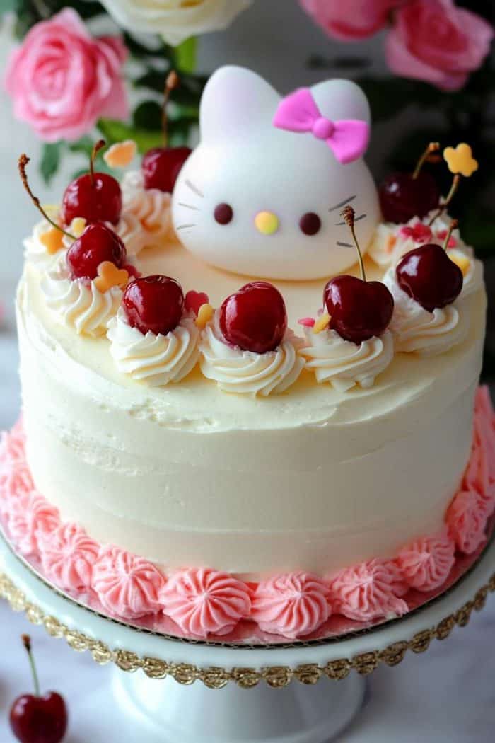 A white frosted cake topped with cherries and a cute cartoon cat figure. The cake sits on a decorative stand, with pink frosting rosettes around the base. Pink flowers and green leaves are blurred in the background.