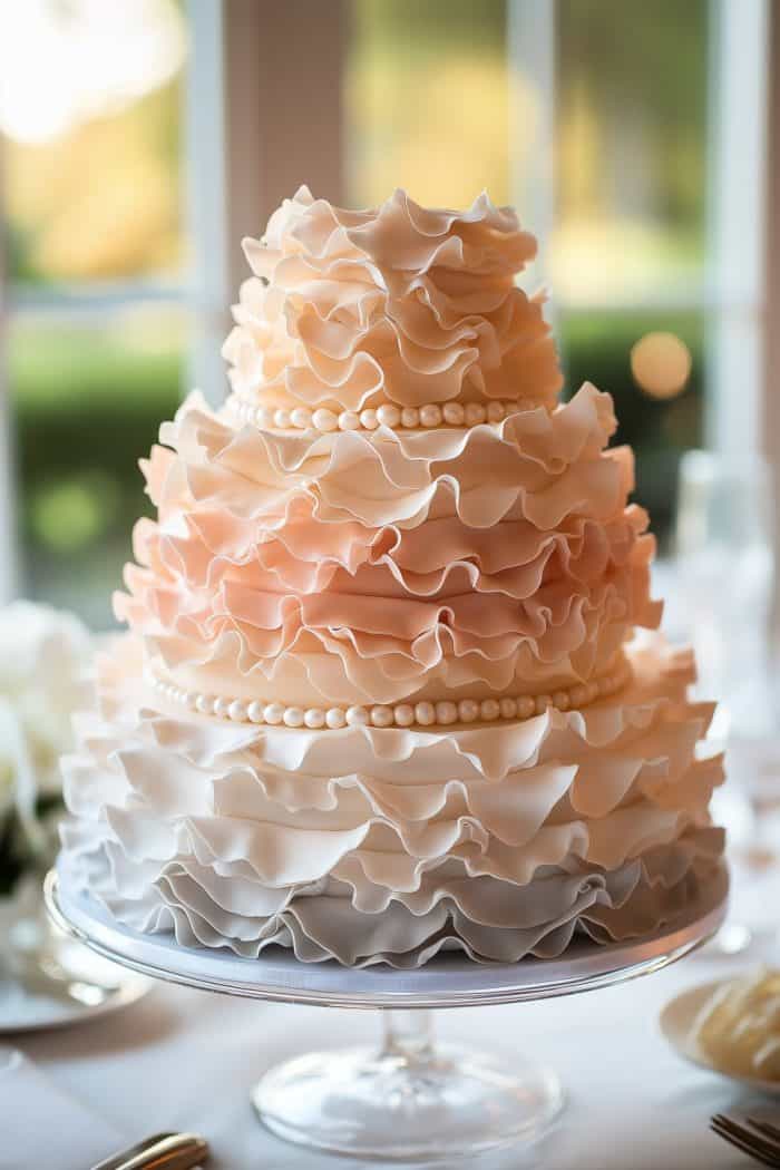 A tiered wedding cake with delicate ruffled frosting in shades of peach and cream, adorned with pearl-like decorations, on a glass stand.