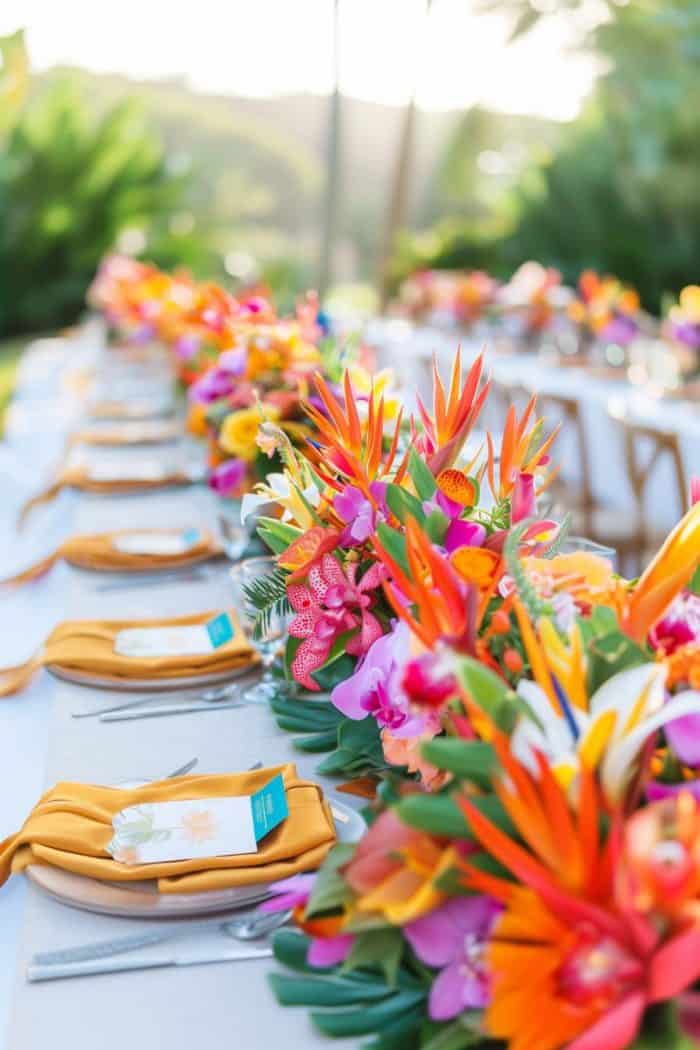 A long, elegantly set table outdoors with vibrant floral centerpieces and orange napkins placed on white plates.