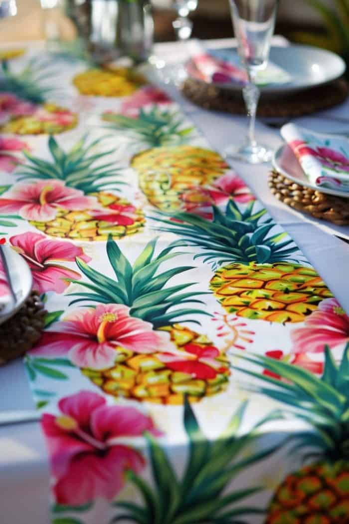 A vibrant table runner adorned with pineapples and pink hibiscus flowers is set on a dining table with plates, glasses, and napkins.