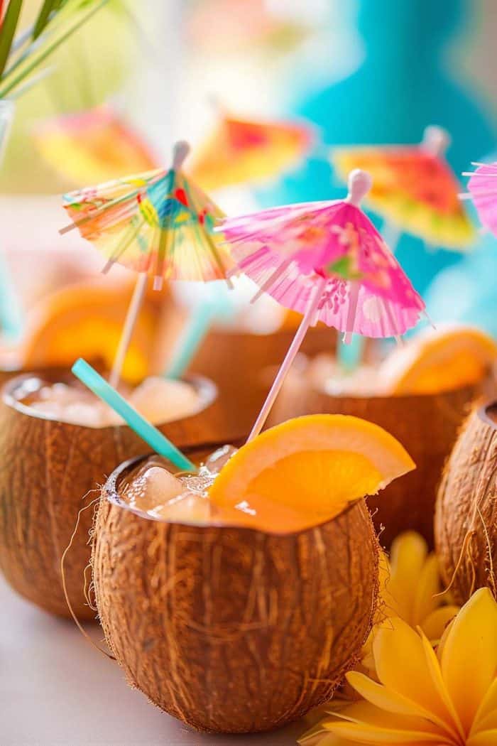 Coconut drinks with orange slices and colorful paper umbrellas are arranged on a table.