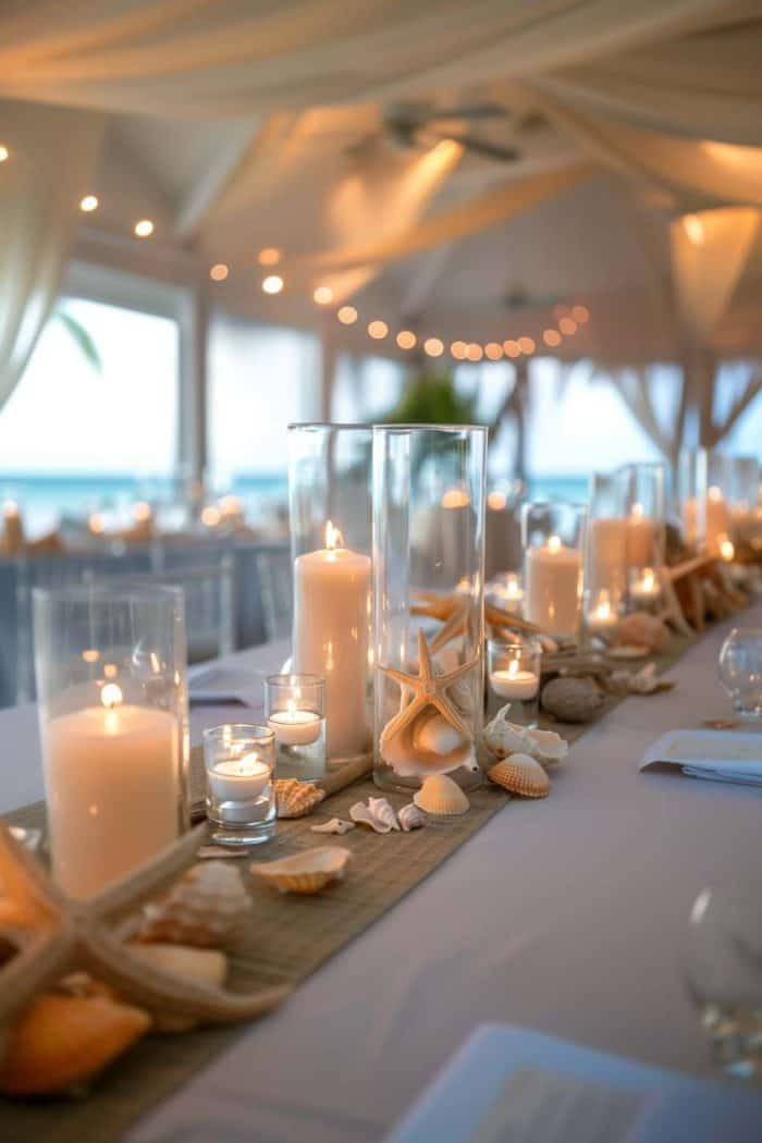 A beach-themed table centerpiece with tall and short candles, starfish, and shells on a long mat, set under a draped, tented ceiling with string lights.