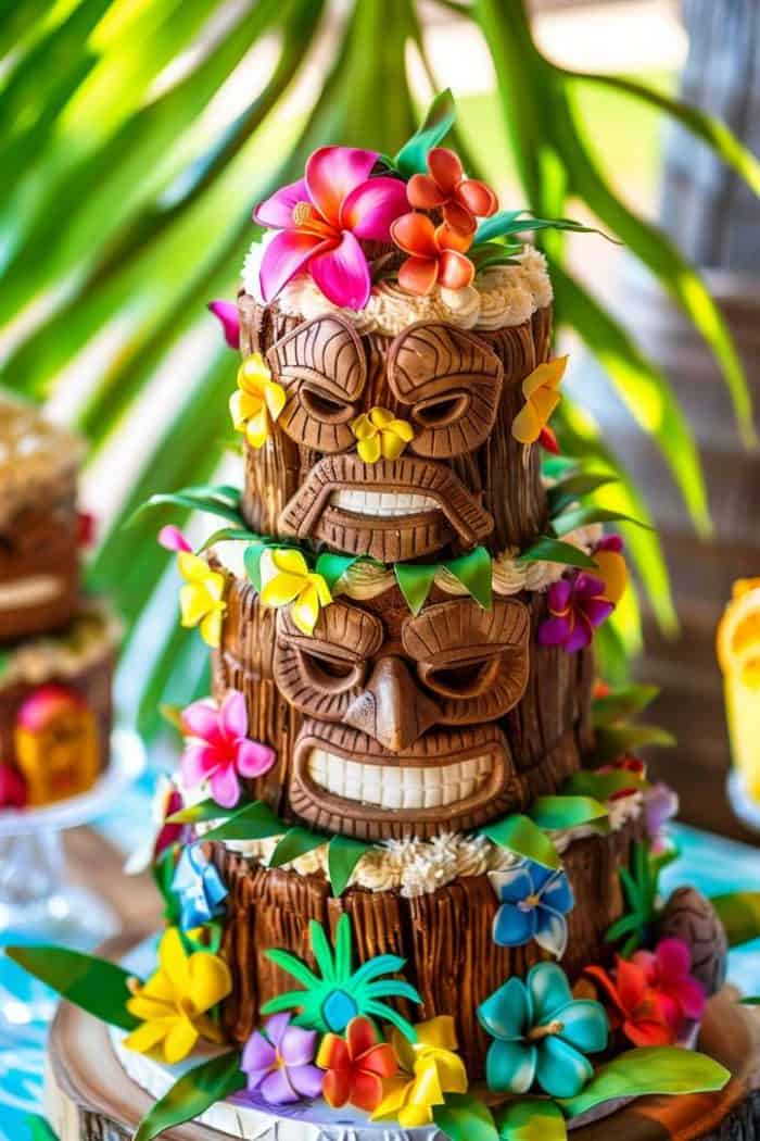 A three-tier cake decorated with Tiki mask designs and colorful tropical flowers, set against a background of green foliage.