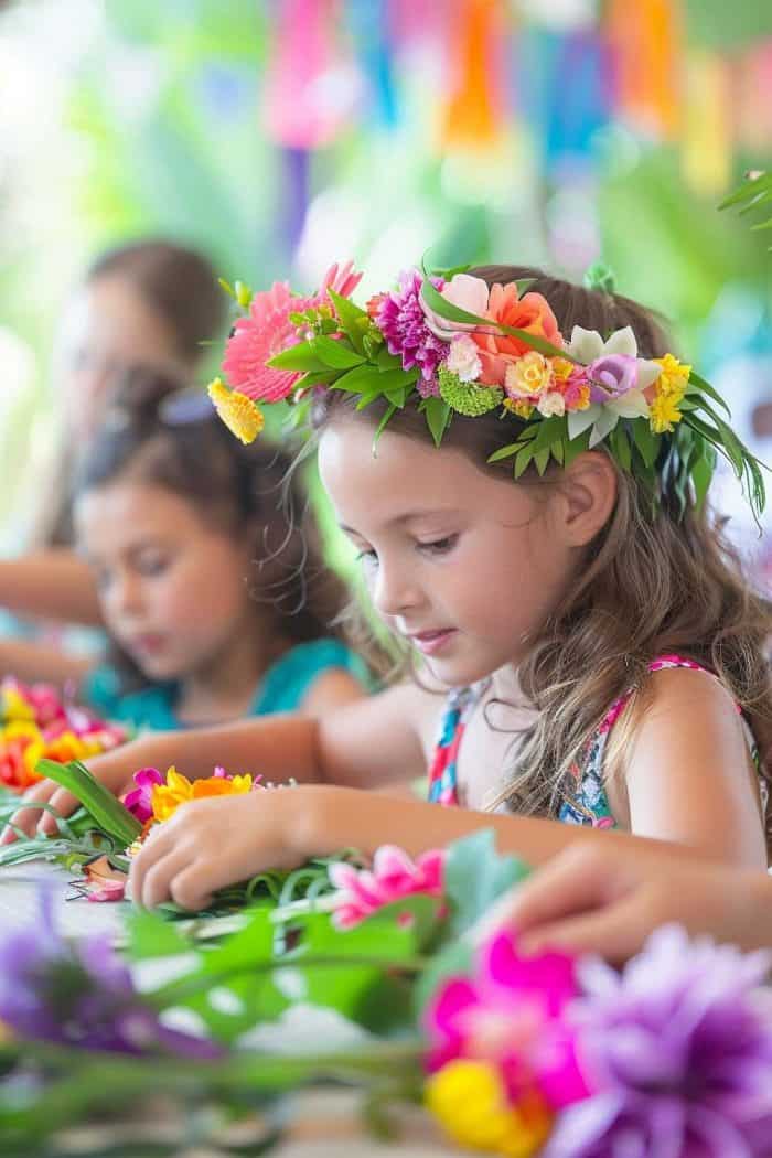 Young girls craft flower crowns at a brightly colored table, with vibrant blooms and decorations in the background.