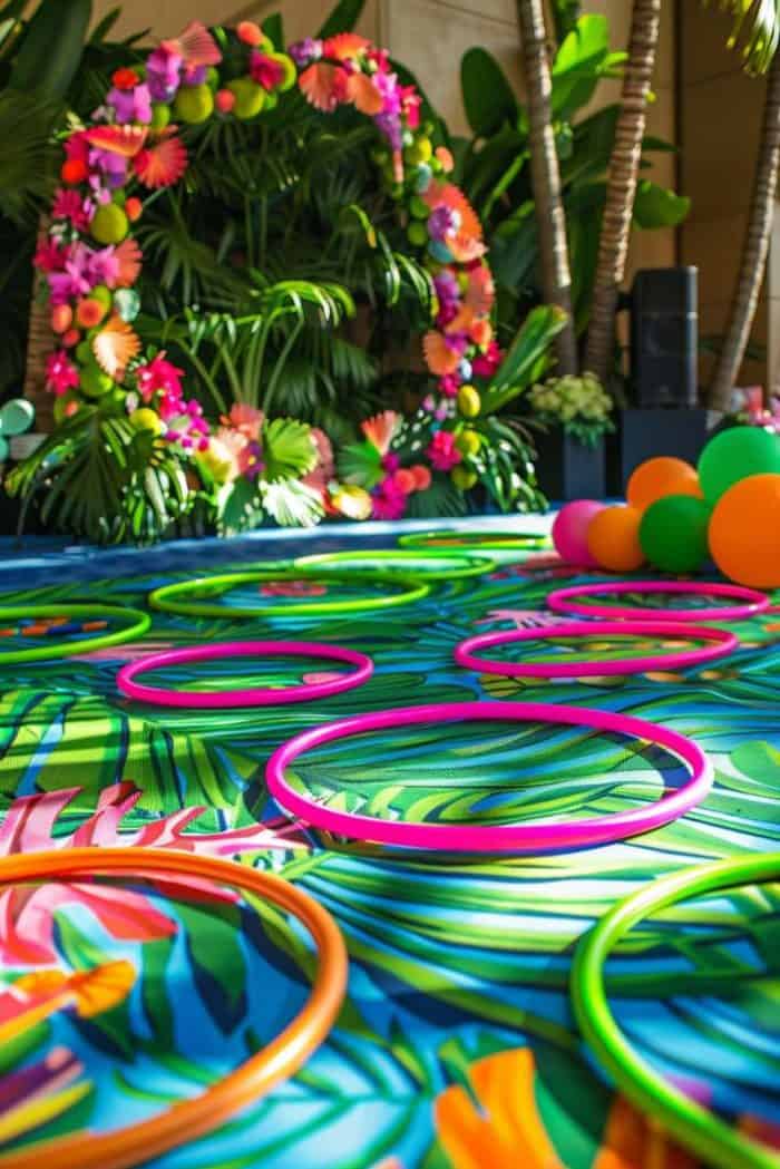 Brightly colored hula hoops lie on a vibrant floral and leafy patterned mat, with a large, colorful flower and fruit arch in the background among tropical plants.