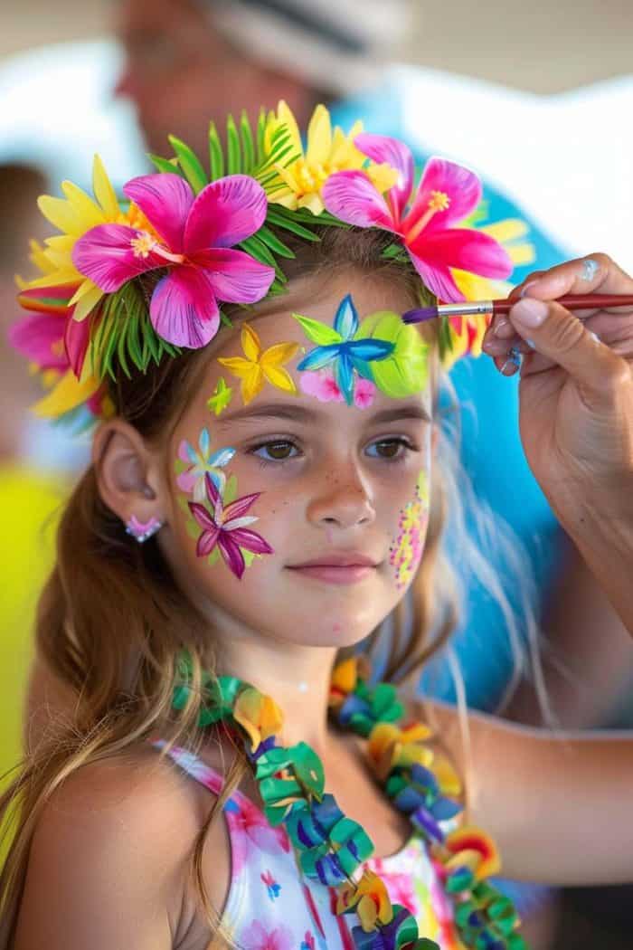A young girl with colorful flower face paint and a floral headband is getting her face painted.